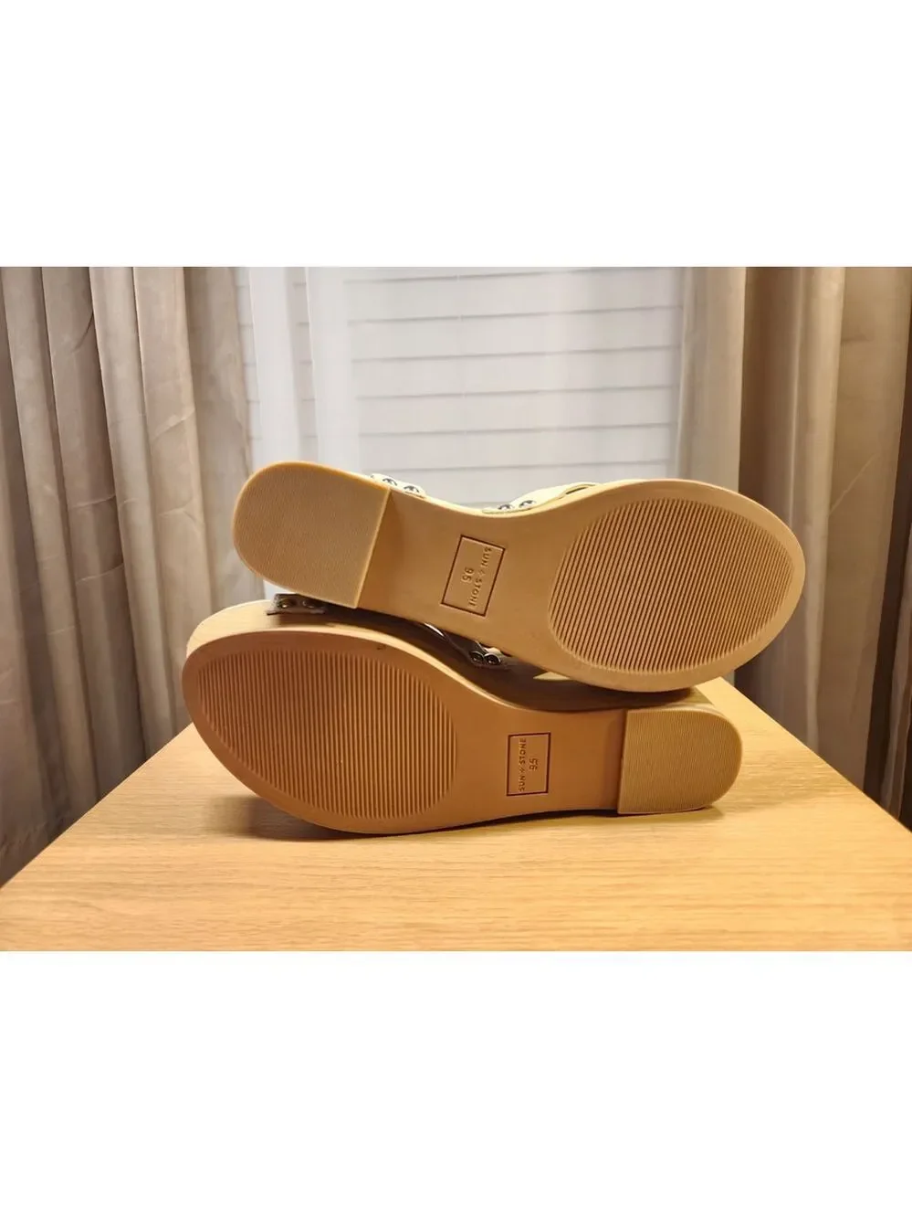 Women Cream Bone Beige Cognac Ankle Strap Classic Wooden Wedge Sandals SZ 9.5 M